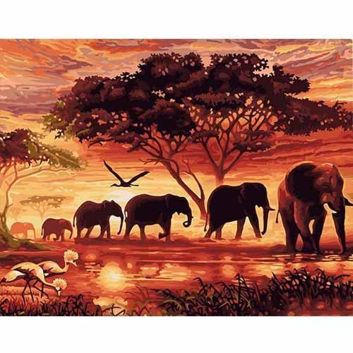 Sunset Elephants Animals Wall Art